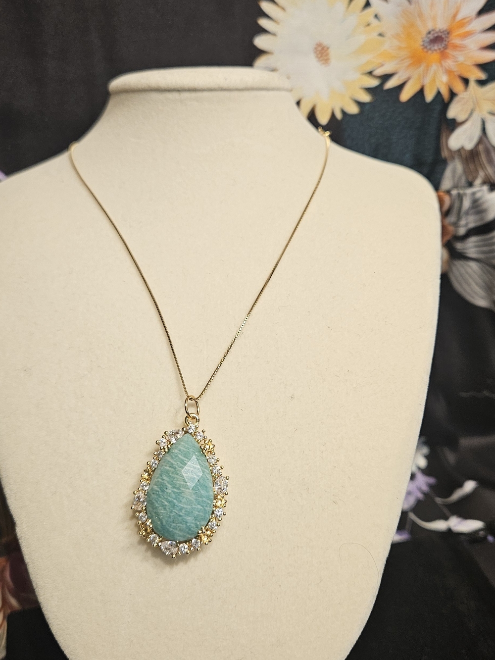 Gold Teardrop Necklace with Aqua Blue Stone and Crystal Halo